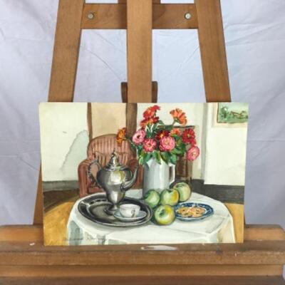396:   Mildred Ranney Original Watercolor Painting and Silver Plate Tea pot