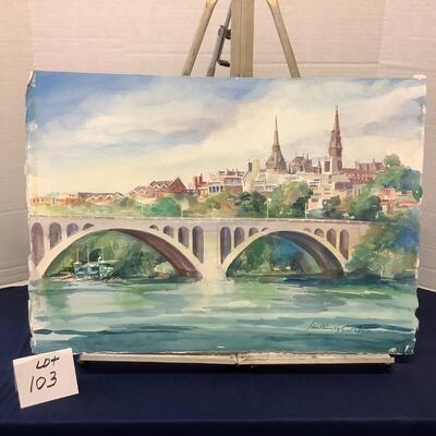 E - 103  Signed Original  Watercolor  by Jean Ranney Smith  â€œ Daytime Bridge Scene â€œ
