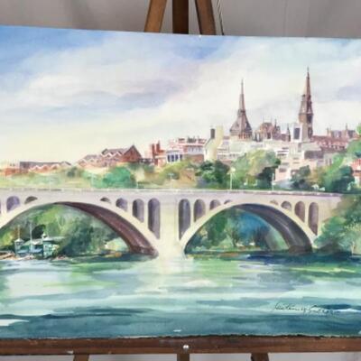 E - 103  Signed Original  Watercolor  by Jean Ranney Smith  â€œ Daytime Bridge Scene â€œ