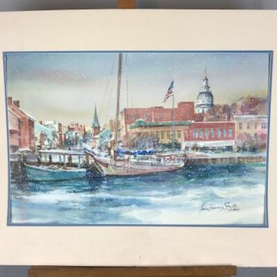 E - 107 Jean Ranney Smith Original Watercolor" City Dock in Winter"