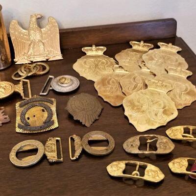 Lot #174  MILITARIA lot - Belt Buckles, badges, hat decorations, etc.