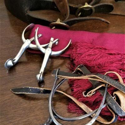 Lot #175  MILITARIA Lot - Spurs, Sash, Leather belt with Pouch, patches