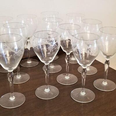 Lot #177  Set of 12 Vintage Etched Wine Glasses