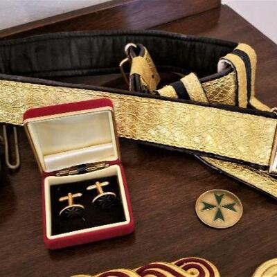 Lot #181  MILITARIA lot - Shoulder braids, Knights of Lazarus belt/buckle/cufflinks, antique belt pounch