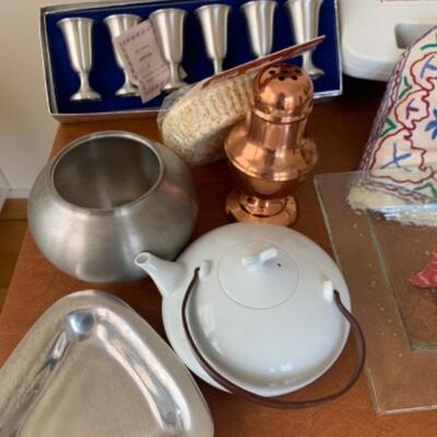 8. Assorted kitchenware (bowls, cutting boards, pizza stone, pewter, thermometer, crock pot, etc.)