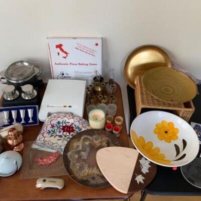 8. Assorted kitchenware (bowls, cutting boards, pizza stone, pewter, thermometer, crock pot, etc.)