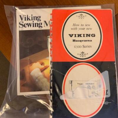 16. Viking Husqavarna sewing machine (6300-series) in walnut wood cabinet and chair