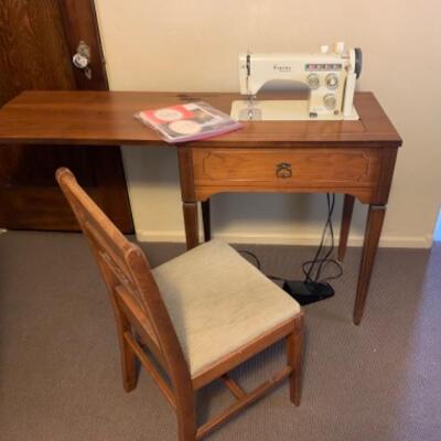 16. Viking Husqavarna sewing machine (6300-series) in walnut wood cabinet and chair