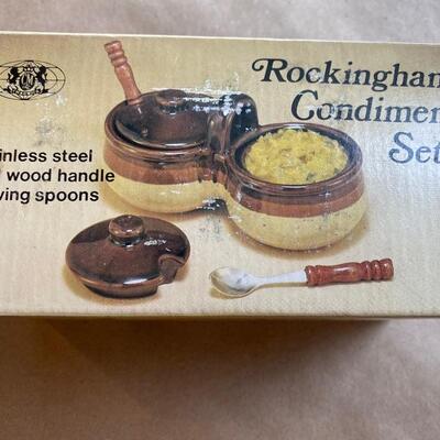 New in box condiment set  porcelain and Wood Mid Century