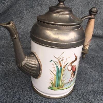 Rare 19th Century Painted 9â€ Granite Ware Coffee Tea Pot with Pewter