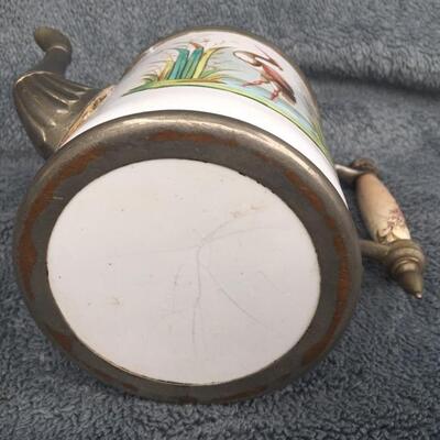 Rare 19th Century Painted 9â€ Granite Ware Coffee Tea Pot with Pewter