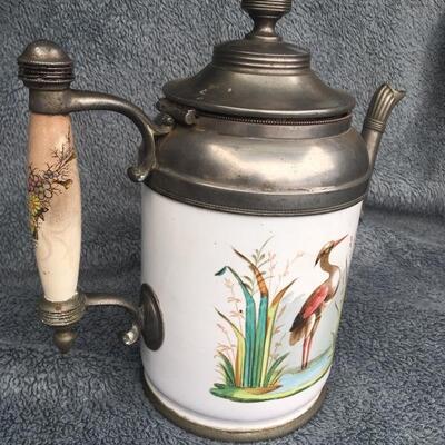 Rare 19th Century Painted 9â€ Granite Ware Coffee Tea Pot with Pewter