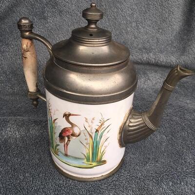 Rare 19th Century Painted 9â€ Granite Ware Coffee Tea Pot with Pewter