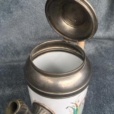 Rare 19th Century Painted 9â€ Granite Ware Coffee Tea Pot with Pewter