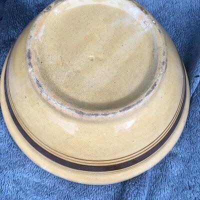 Antique 10â€ Banded Yellow Ware Bowl and 9â€ Bun Cake Mold
