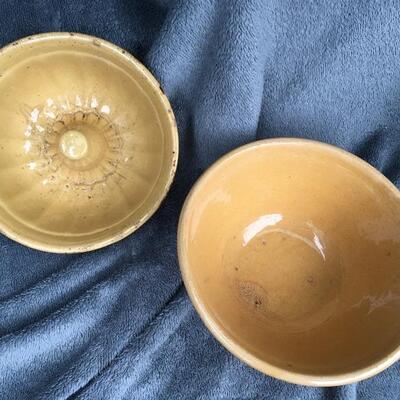 Antique 10â€ Banded Yellow Ware Bowl and 9â€ Bun Cake Mold