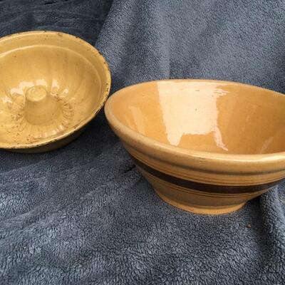Antique 10â€ Banded Yellow Ware Bowl and 9â€ Bun Cake Mold