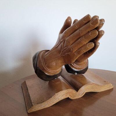Lot #2: Vintage 9" Tall Praying Hands Wood Sculpture