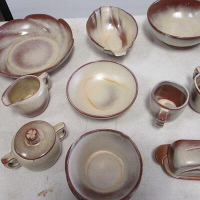 Lot 123 - Vintage Four Place Setting of Frankoma Pottery Stoneware includes Butter Dish, Salt, Pepper, Creamer, Etc.