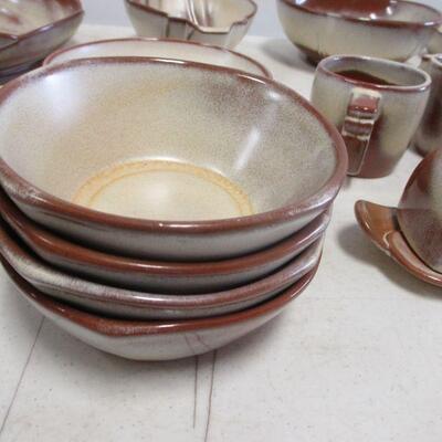 Lot 123 - Vintage Four Place Setting of Frankoma Pottery Stoneware includes Butter Dish, Salt, Pepper, Creamer, Etc.