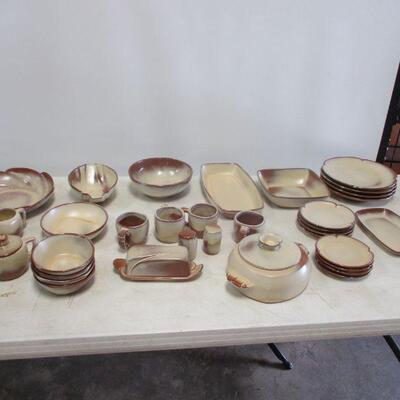Lot 123 - Vintage Four Place Setting of Frankoma Pottery Stoneware includes Butter Dish, Salt, Pepper, Creamer, Etc.