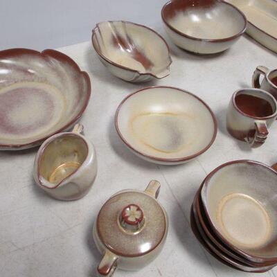 Lot 123 - Vintage Four Place Setting of Frankoma Pottery Stoneware includes Butter Dish, Salt, Pepper, Creamer, Etc.
