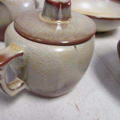 Lot 123 - Vintage Four Place Setting of Frankoma Pottery Stoneware includes Butter Dish, Salt, Pepper, Creamer, Etc.