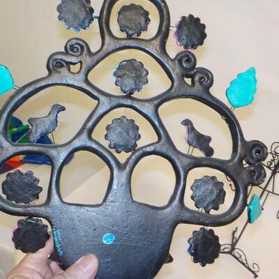 Mexican wall art with small basket; basket has drainage hold, so could be used as planter. Metal jewelry holder.