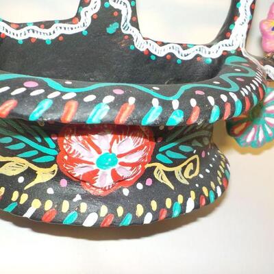 Mexican wall art with small basket; basket has drainage hold, so could be used as planter. Metal jewelry holder.