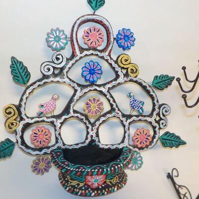 Mexican wall art with small basket; basket has drainage hold, so could be used as planter. Metal jewelry holder.