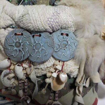 12 in x 12 in Real Native American Patricia Bonds Gaetano â€œCollectorâ€ doll, hand made textiles art. Signed by hand, 1984 