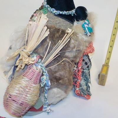 12 in x 12 in Real Native American Patricia Bonds Gaetano â€œCollectorâ€ doll, hand made textiles art. Signed by hand, 1984 