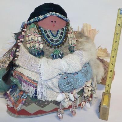 12 in x 12 in Real Native American Patricia Bonds Gaetano â€œCollectorâ€ doll, hand made textiles art. Signed by hand, 1984 