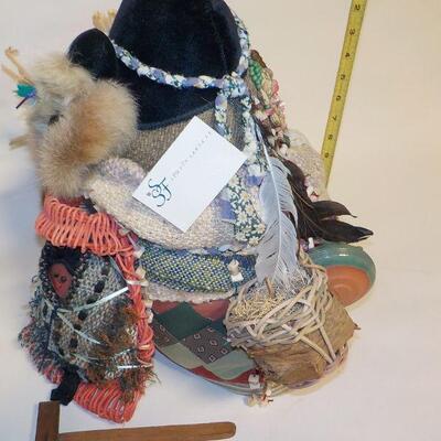 12 in x 12 in Real Native American Patricia Bonds Gaetano â€œCollectorâ€ doll, hand made textiles art. Signed by hand, 1984 