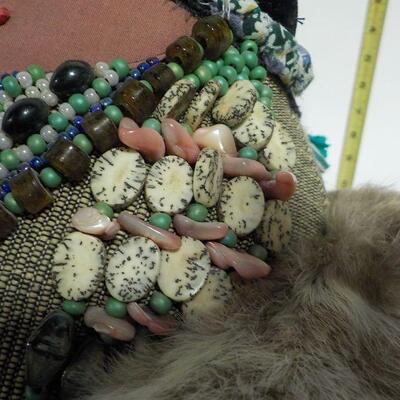 12 in x 12 in Real Native American Patricia Bonds Gaetano â€œCollectorâ€ doll, hand made textiles art. Signed by hand, 1984 
