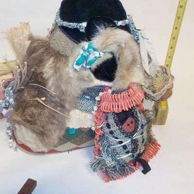 12 in x 12 in Real Native American Patricia Bonds Gaetano â€œCollectorâ€ doll, hand made textiles art. Signed by hand, 1984 