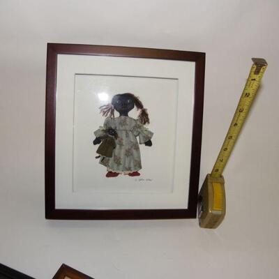 Black Art by C Spence Sellnes..Carol Spence Selner hand made and framed black doll with miniature doll. Signed in pencil lower right....
