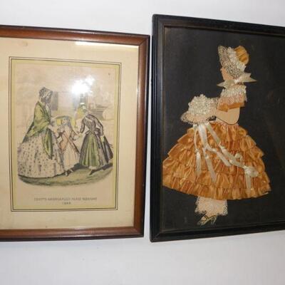 Lot of two pictures: Framed hand-colored page of Godeyâ€™s Americanized Paris Fashions, 1860; Framed fabric and ribbon art girl with a...