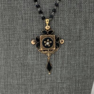 .50. 12k Gold | Onyx & Seed Pearl | Victorian Mourning Pendant