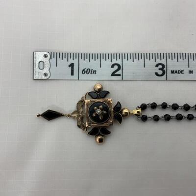 .50. 12k Gold | Onyx & Seed Pearl | Victorian Mourning Pendant