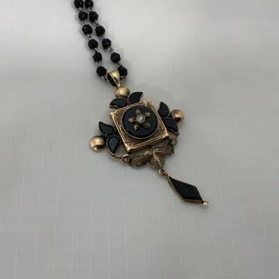 .50. 12k Gold | Onyx & Seed Pearl | Victorian Mourning Pendant