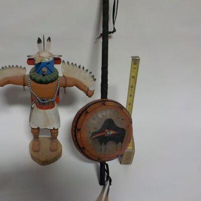 Native american doll and Robert Rivera signed buffalo gourd rattle. KWA kachina doll.