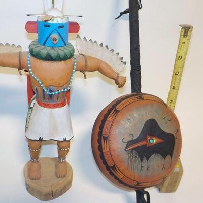 Native american doll and Robert Rivera signed buffalo gourd rattle. KWA kachina doll.