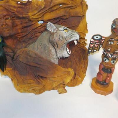 Patrick Seale signed Inuit totem, and sculpted, painted leather wall art of woman and bobcat head. 
