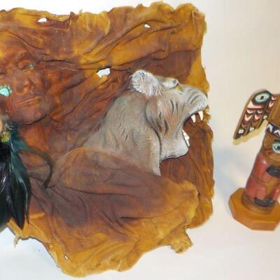Patrick Seale signed Inuit totem, and sculpted, painted leather wall art of woman and bobcat head. 