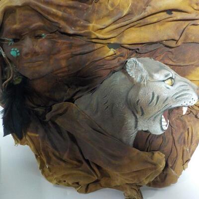 Patrick Seale signed Inuit totem, and sculpted, painted leather wall art of woman and bobcat head. 