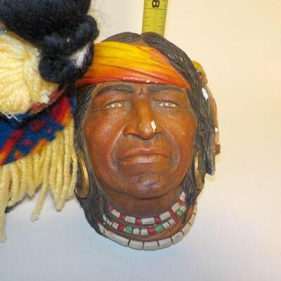 Real Native American mother and child doll and sculptured Chief Face.