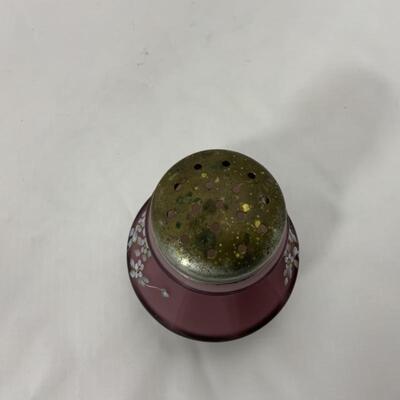 .96. Antique | Cased Satin Glass Amethyst Sugar Shaker | Hand Painted