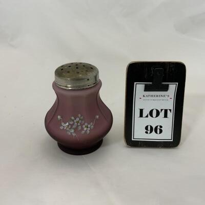 .96. Antique | Cased Satin Glass Amethyst Sugar Shaker | Hand Painted
