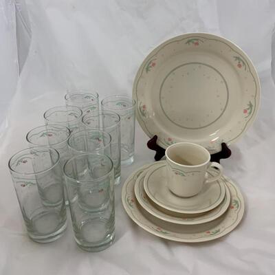 .106. DISCONTINUED | Calico Rose | Corelle 56 Piece Set | 8 Glasses